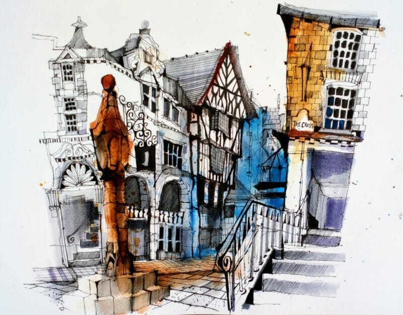 Ian Fennelly. Chester Cross Urban Sketch art