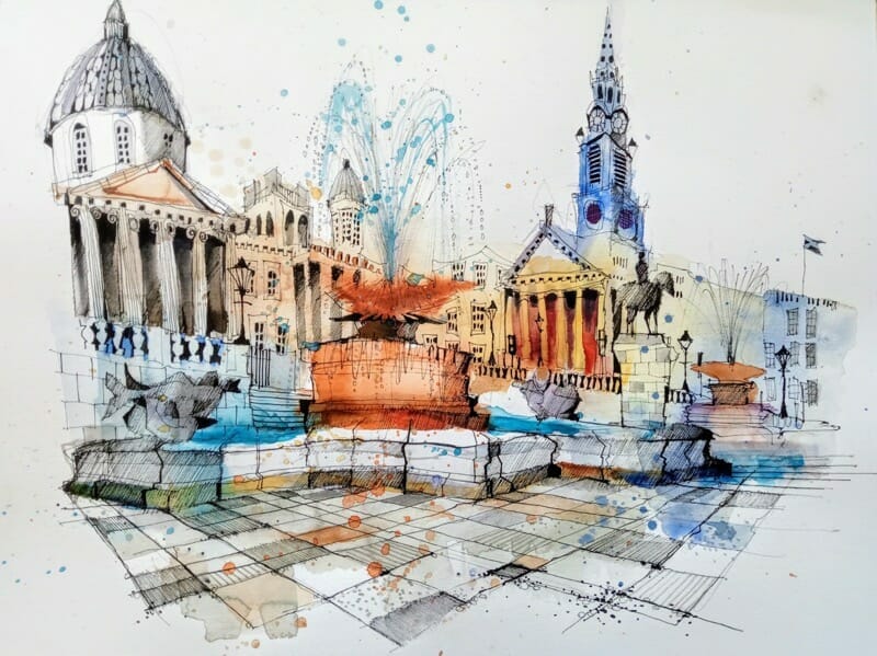 Trafalgar square london water fountain paint urban sketch art
