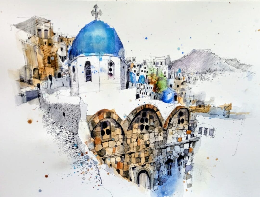 Santorini Greece world urban sketch usk watercolor